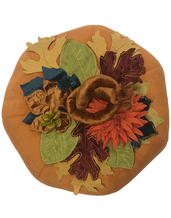 Velvet Pumpkin with Embroidered Leaves Harvest Decorative Pillow, 7