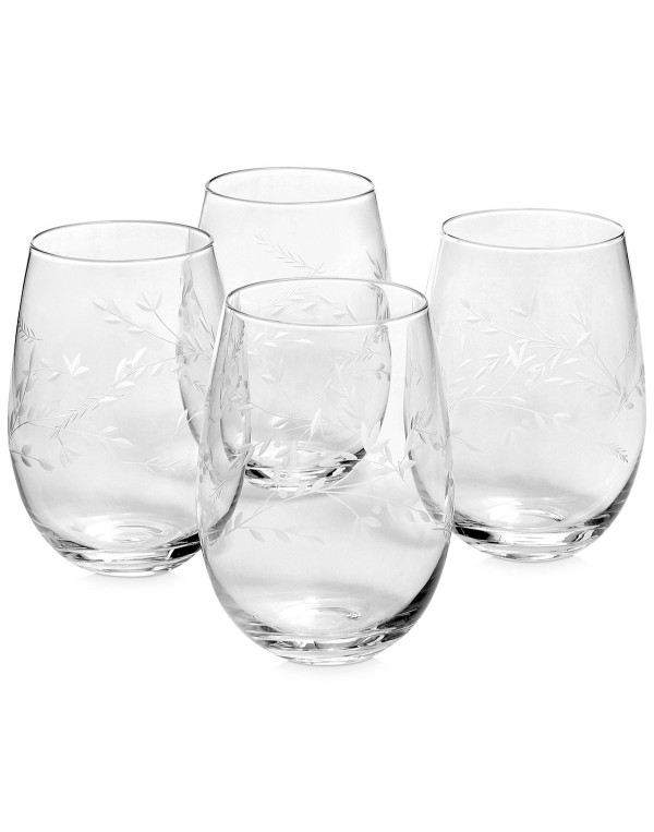 Etched Floral Stemless Wine Glasses, Set of 4