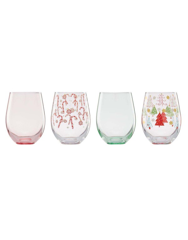 Festive Stemless Wine Glasses, Set of 4