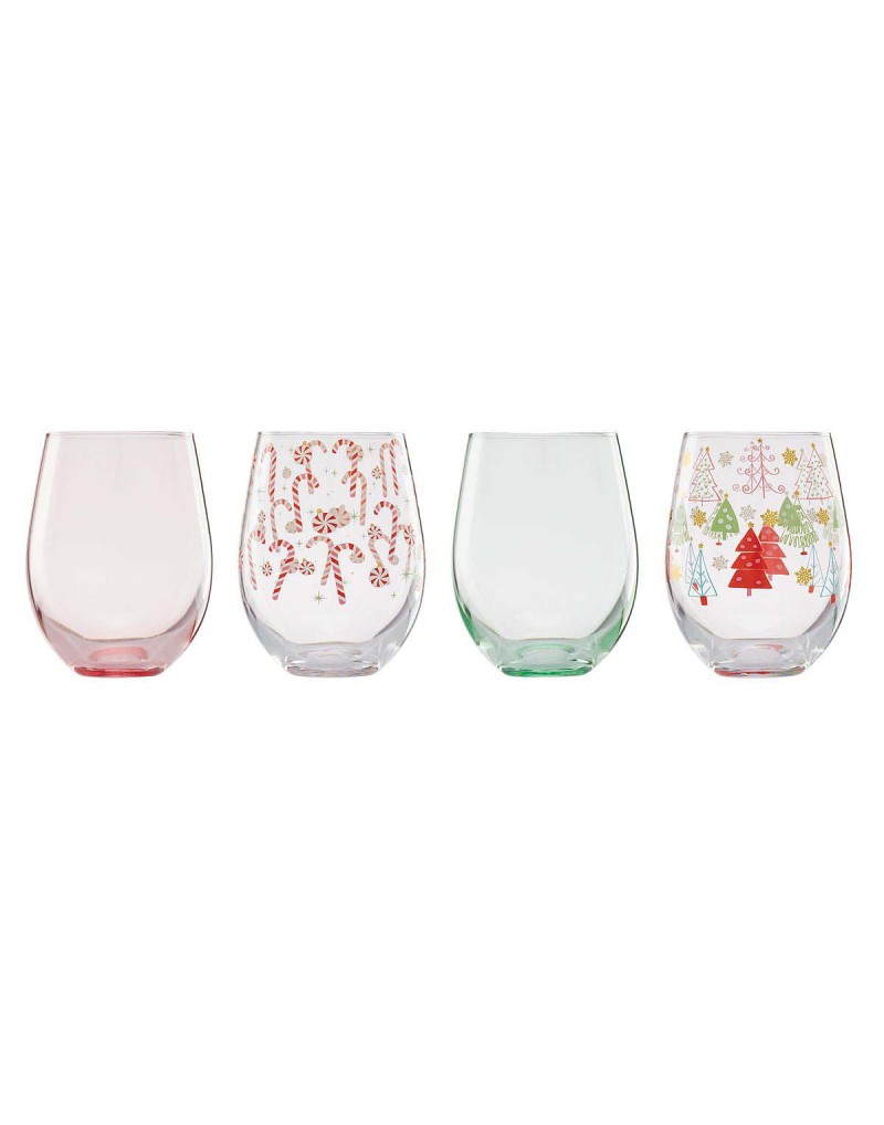 Festive Stemless Wine Glasses, Set of 4