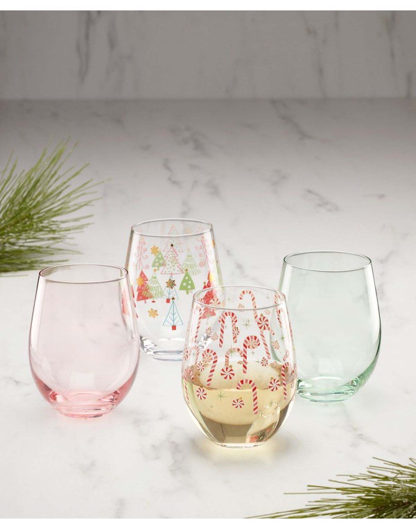 Festive Stemless Wine Glasses, Set of 4