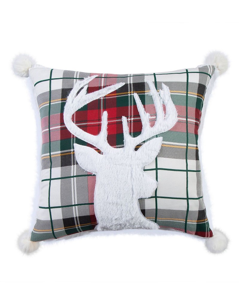 Red Plaid Faux Fur Deer Decorative Pillow, 18