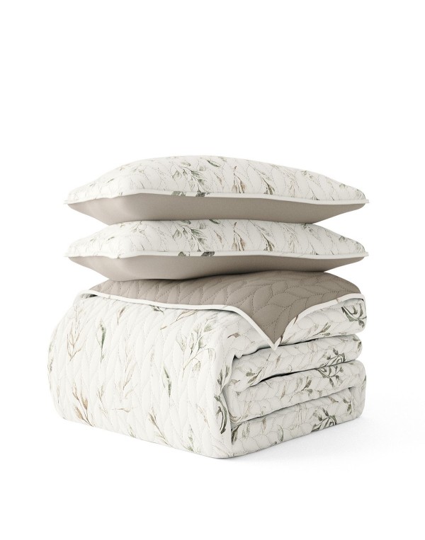 All Season 2 Piece Watercolor Leaves and Stripe Reversible Quilt Set, Twin/Twin XL